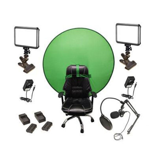 Picture of Bescor Dual Specter Lights w/ KLP Mount, AC Adapters, 2 L-Series Batteries, 2 L-Series Chargers, TurtleShell GreenScreen & USB Microphone Streaming Kit